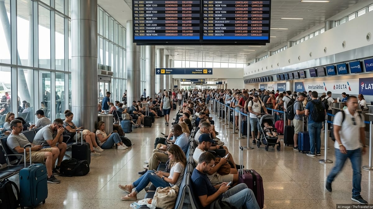 Crowded Dominican Republic airport terminal with stranded travelers waiting amid delayed and canceled flights.