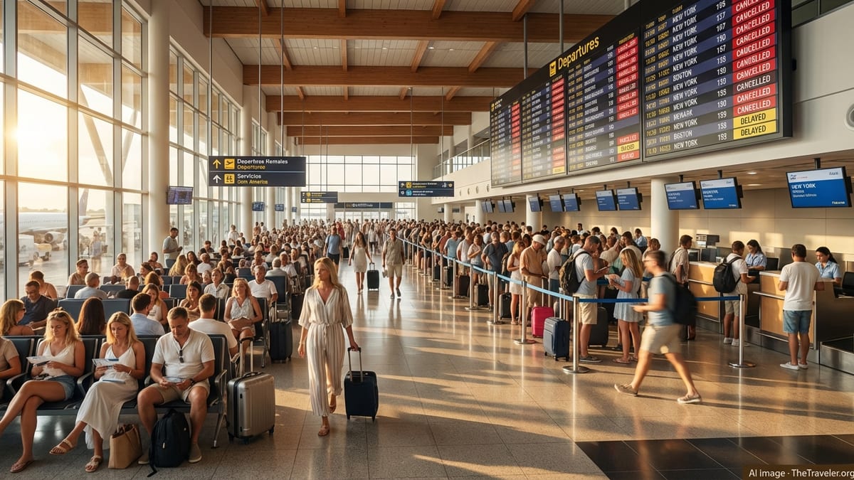 Crowded Dominican airport terminal with stranded passengers and departure board showing cancelled U.S. flights.