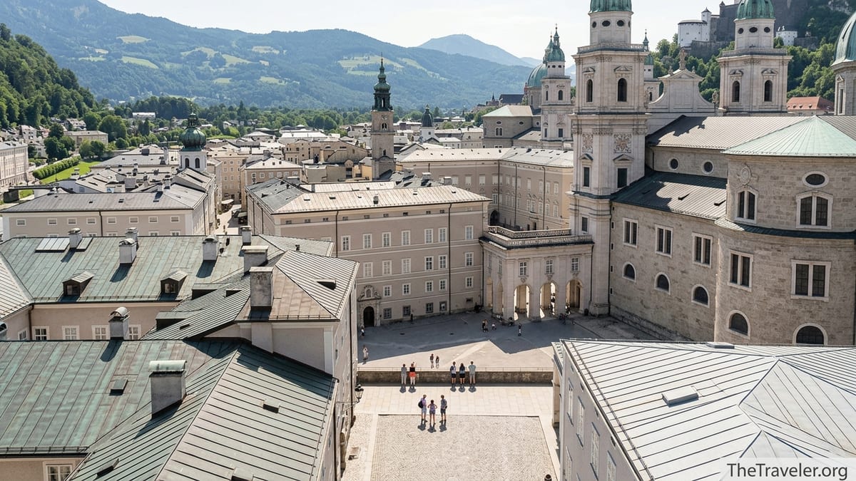 Panoramic view of DomQuartier Salzburg with cathedral, Residenz and terrace above Domplatz on a clear day.