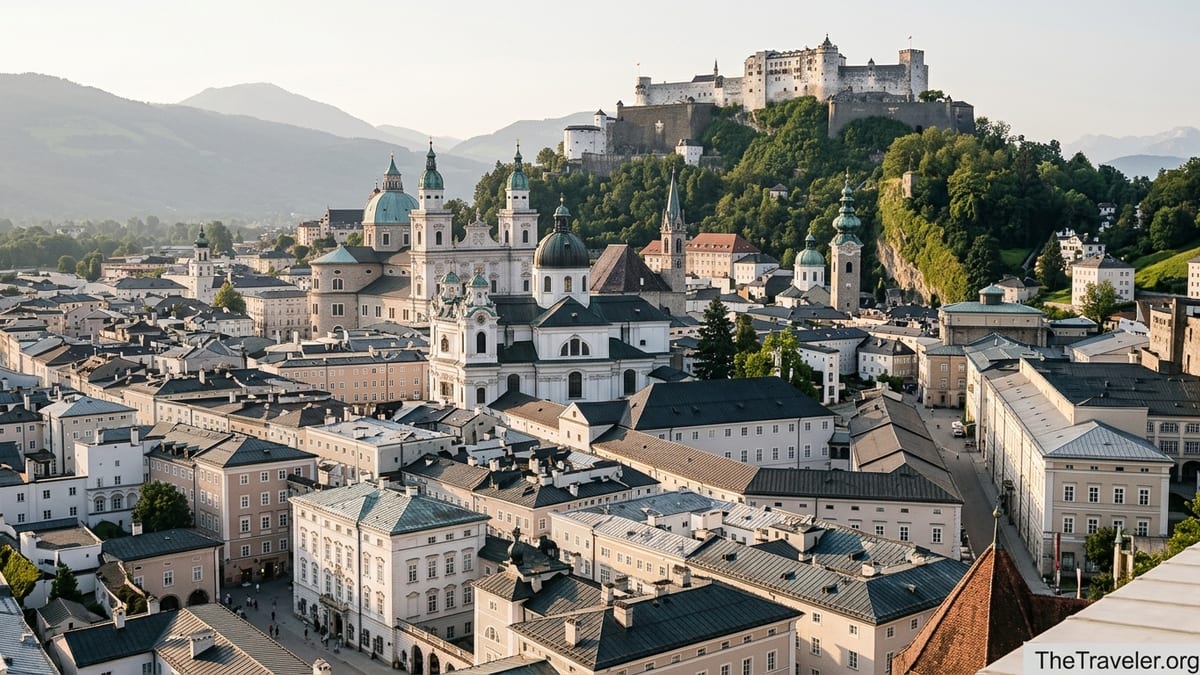 View over Salzburg old town showing DomQuartier and Hohensalzburg Fortress at golden hour.