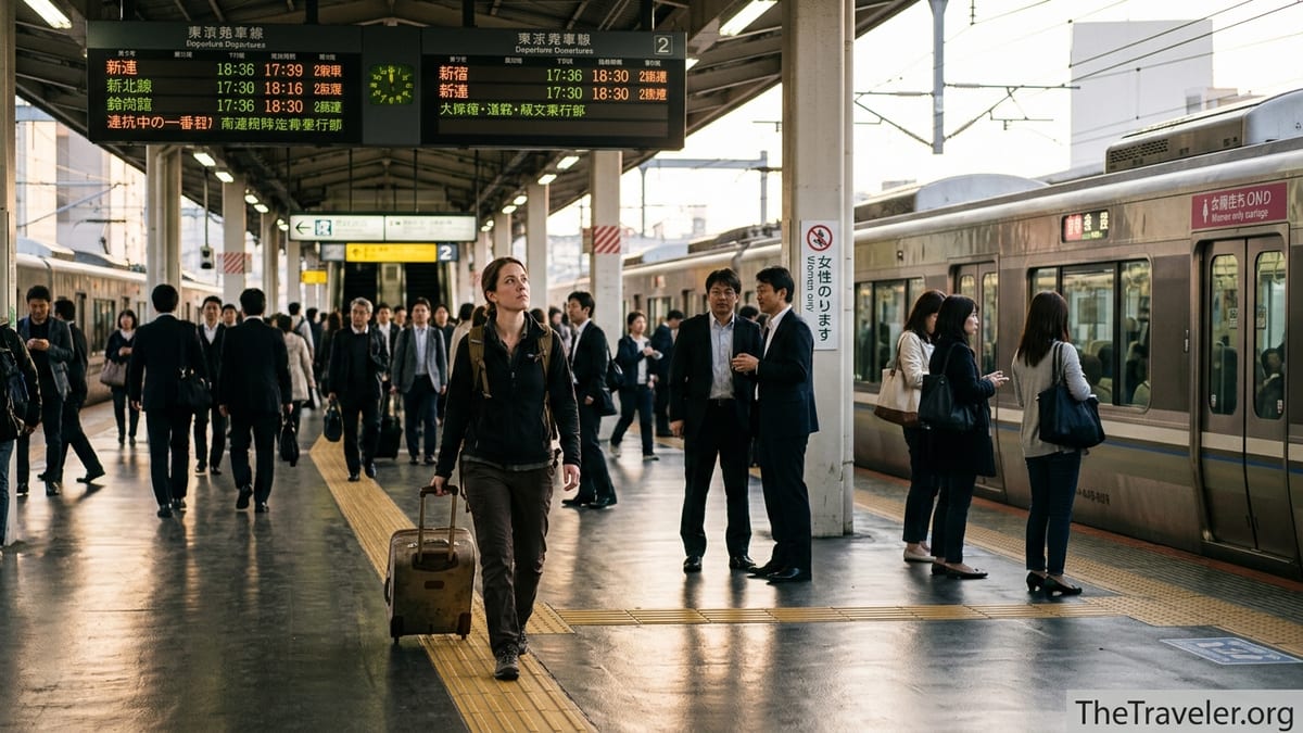 Solo female traveler walking past a women-only train carriage sign in a busy station