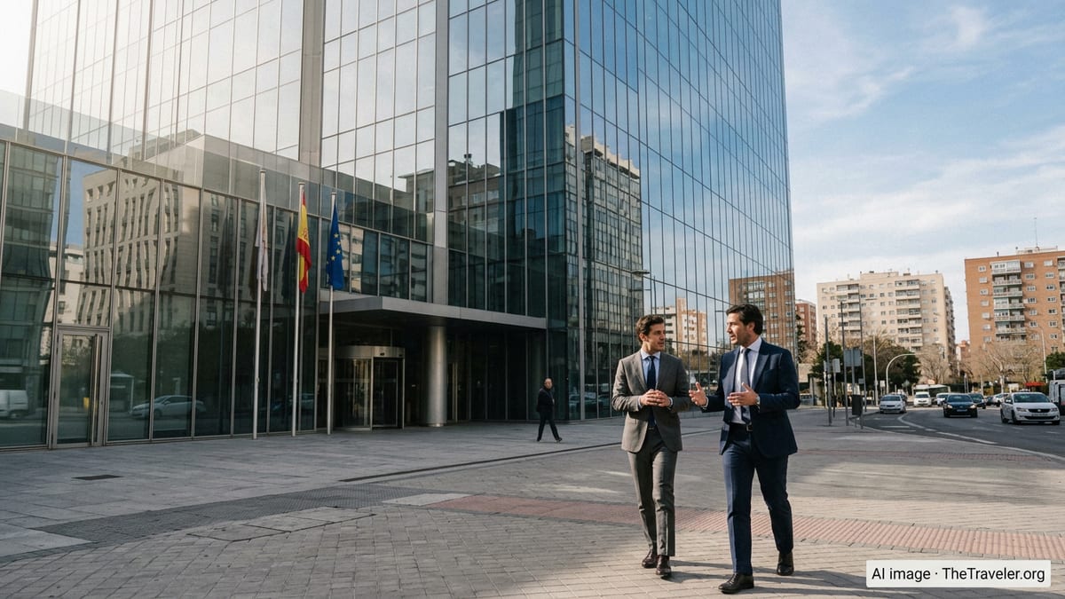 Business district in Madrid with office buildings and professionals walking