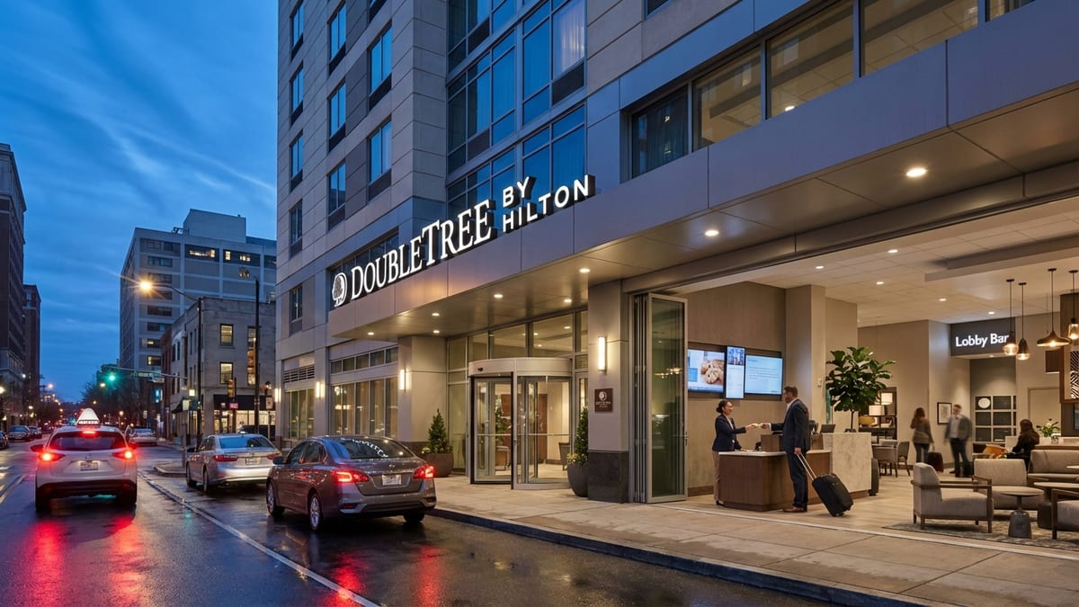 Early evening view of a contemporary DoubleTree by Hilton hotel on a city street. 