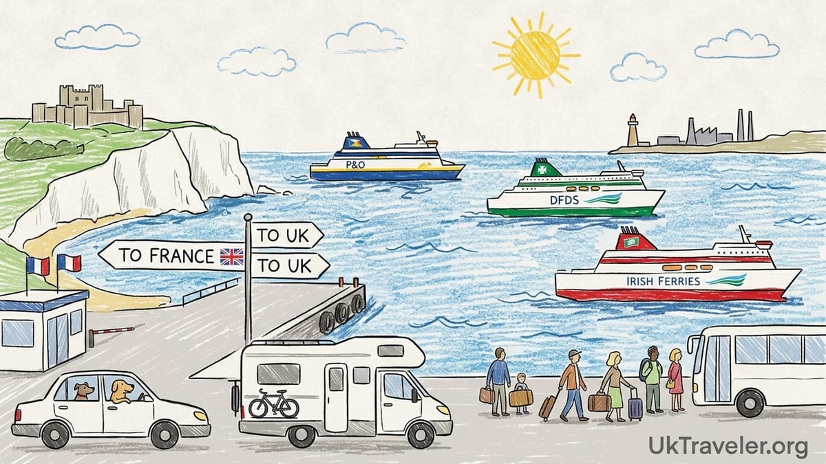 Passengers on a Dover to Calais ferry at sunrise with cars on deck and white cliffs fading behind.