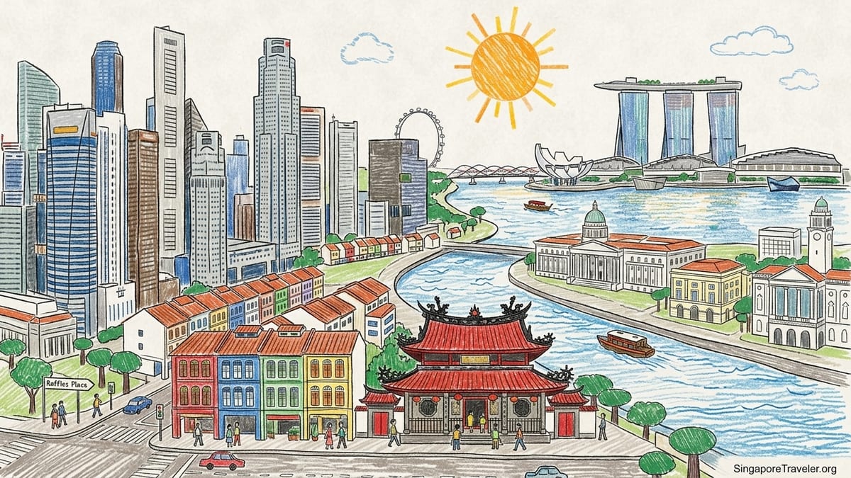 Evening skyline of Singapore’s Downtown Core and Marina Bay with office towers, shophouses and waterfront promenade.
