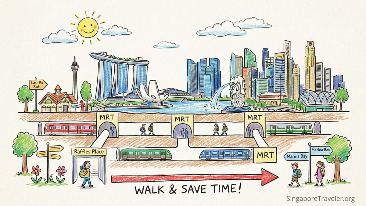 Early evening view of Singapore’s Downtown Core with MRT entrance and Marina Bay skyline.