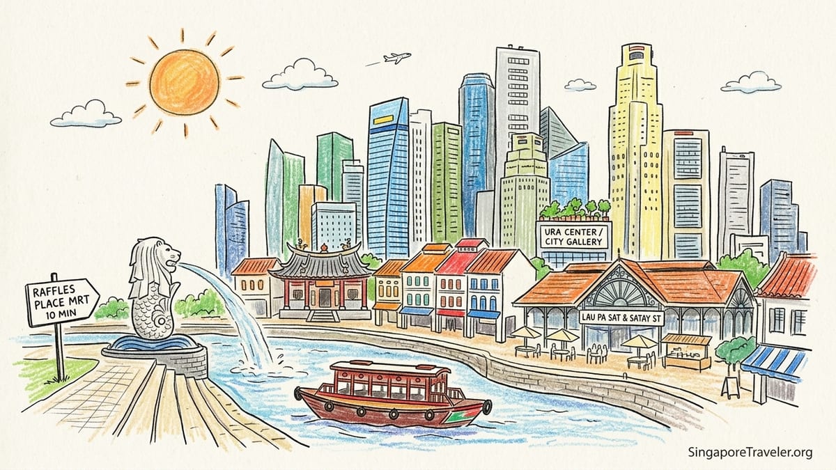 Evening view of Singapore’s Downtown Core skyline from the riverfront near Merlion Park.