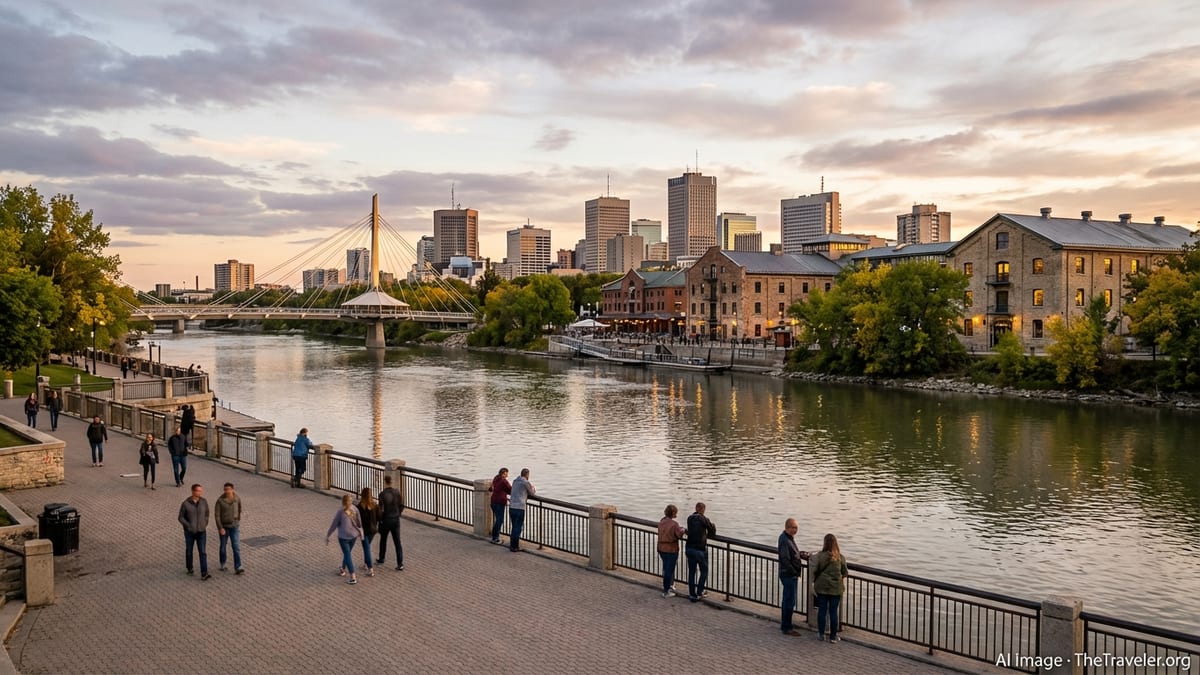 Riverfront promenade at The Forks in downtown Winnipeg at golden hour with skyline views.