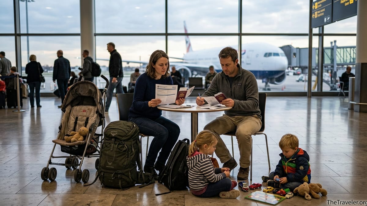 Family with children reviewing travel insurance papers in an airport lounge.