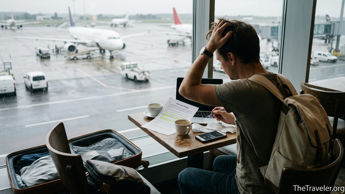 Traveler in an airport café reviewing complex travel insurance papers at sunrise.