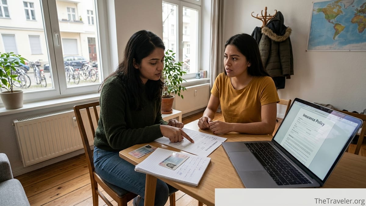 Two young travelers review insurance papers in a Berlin apartment with documents spread on a table.