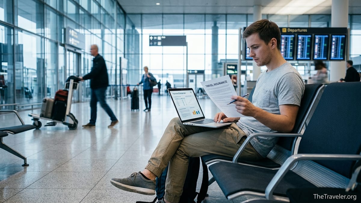 Traveler in a bright airport terminal reviewing travel insurance papers beside luggage.