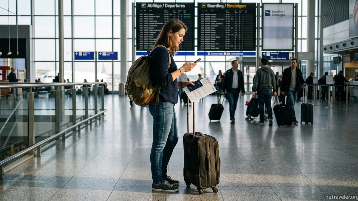Traveler in a European airport reviewing travel insurance documents by large windows.