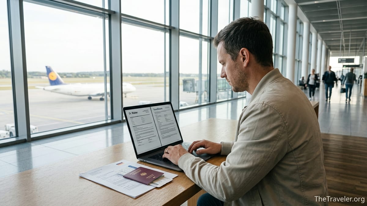 Traveler in a German airport lounge comparing Dr. Walter and TravelSecure insurance papers before a flight.