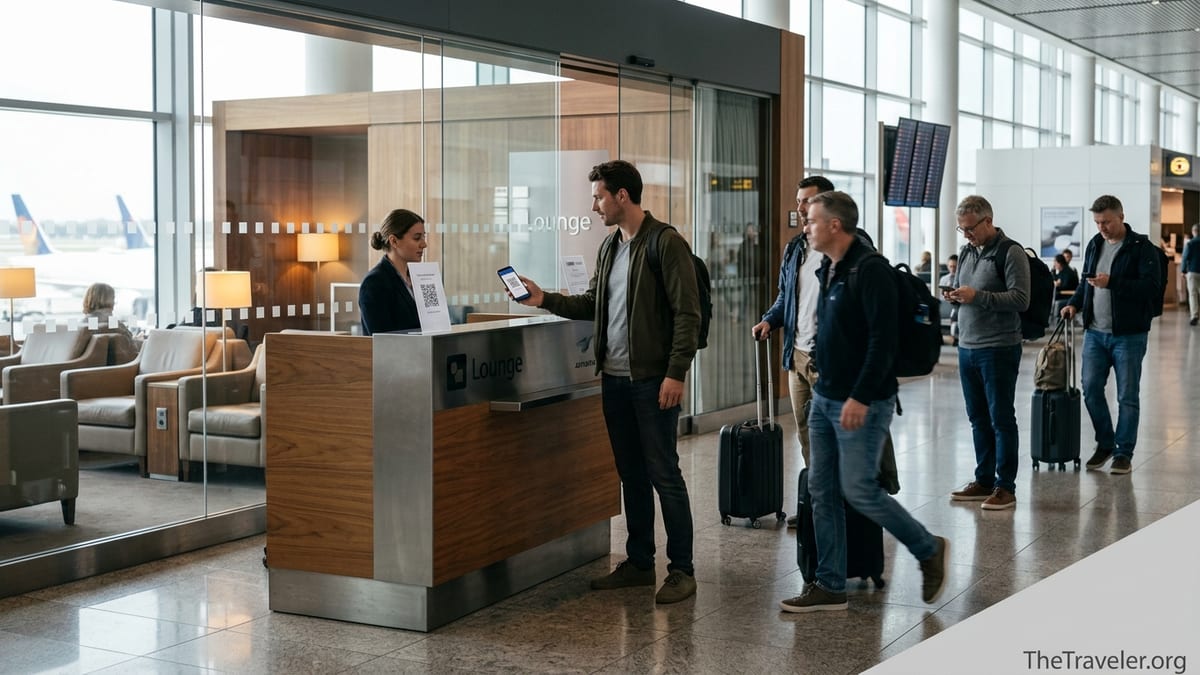 Traveler using a QR code on a phone to access an airport lounge at check-in desk.