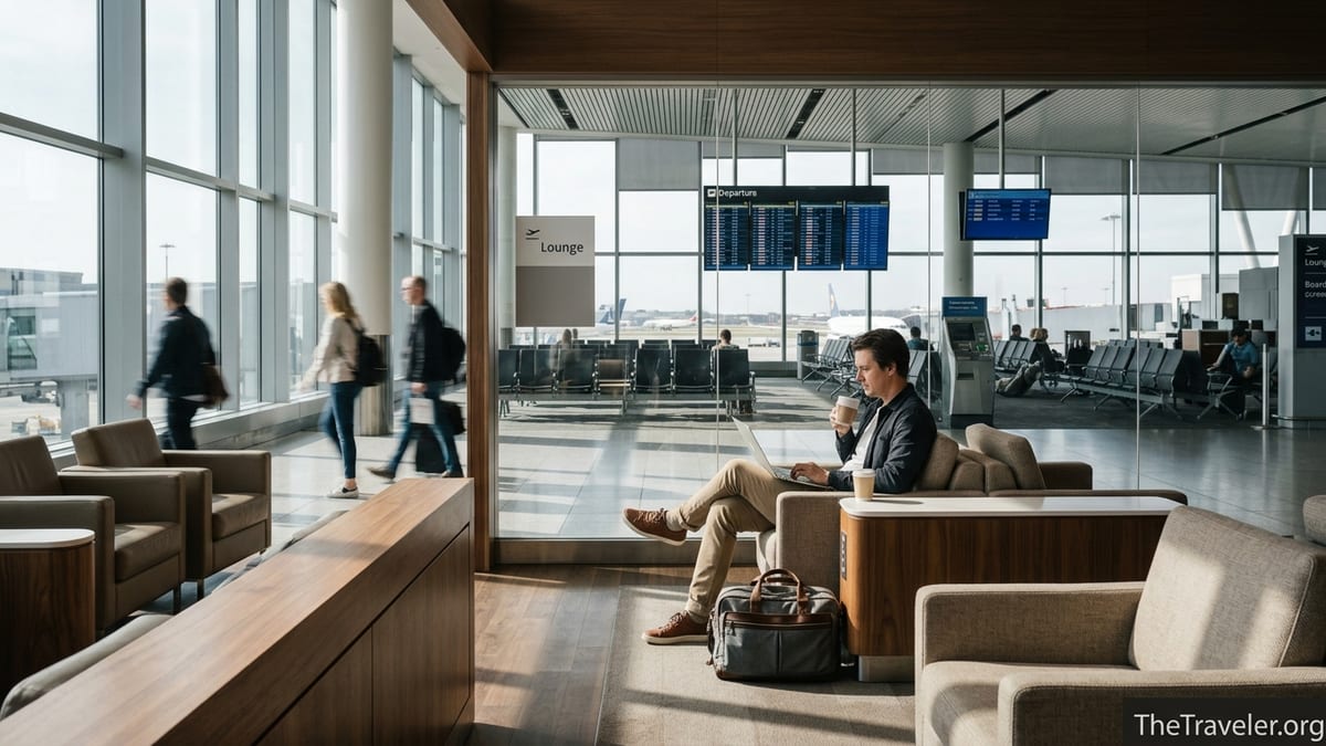 Traveler using an airport lounge overlooking a busy terminal through large windows.