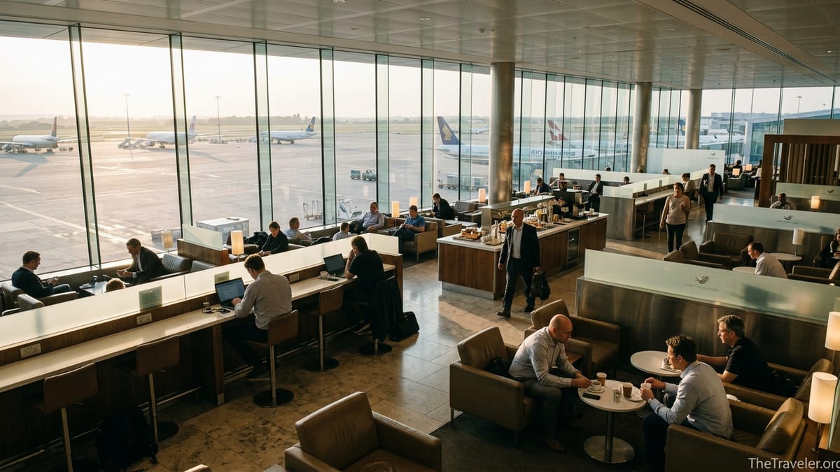 Travelers relaxing and working in a bright airport lounge overlooking the runway