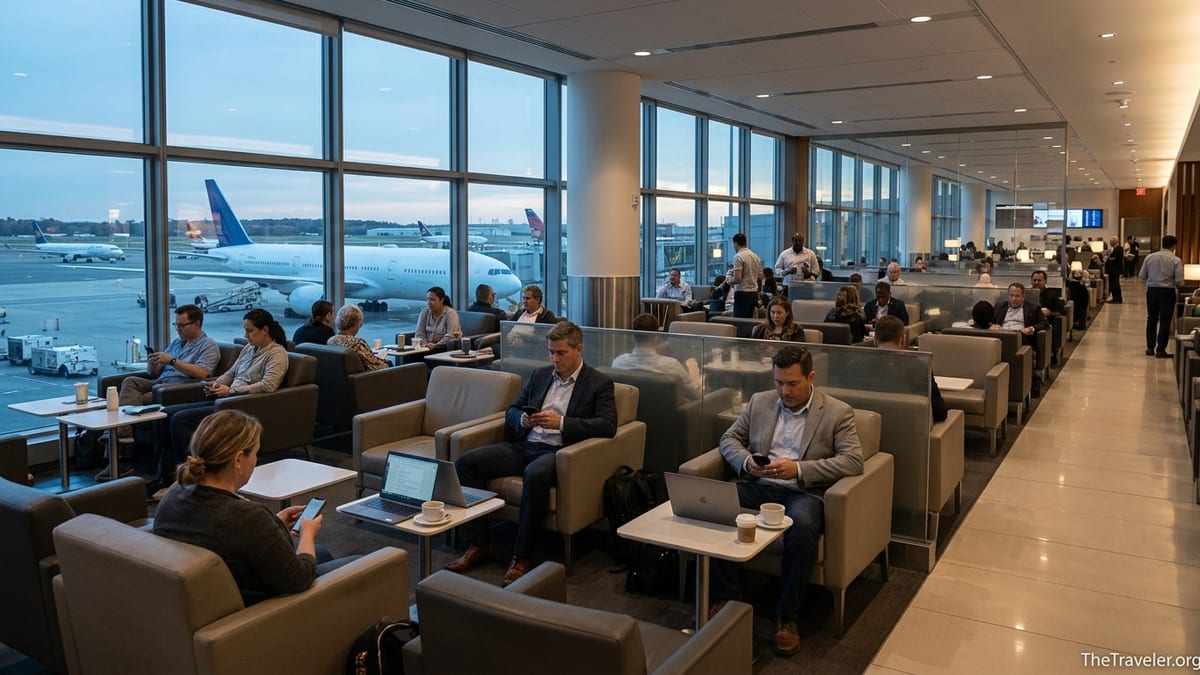 Busy airport lounge at dusk with travelers relaxing by large windows overlooking airplanes.