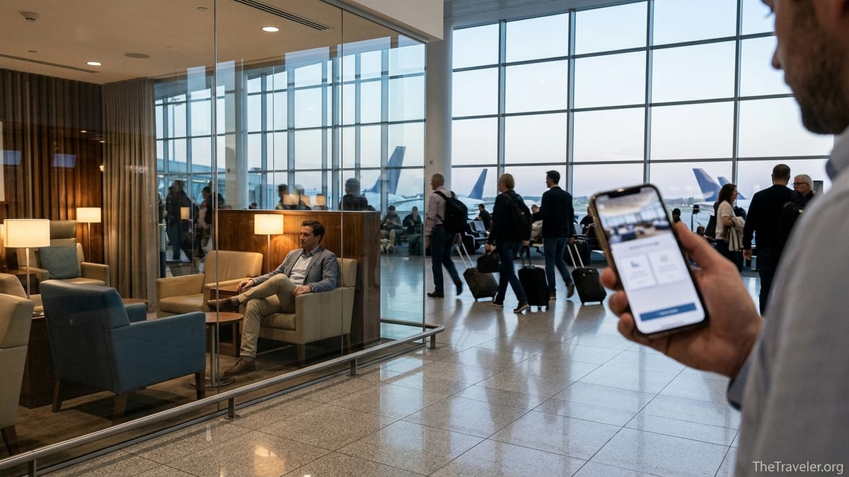 Traveler comparing lounge access apps outside a modern airport lounge.