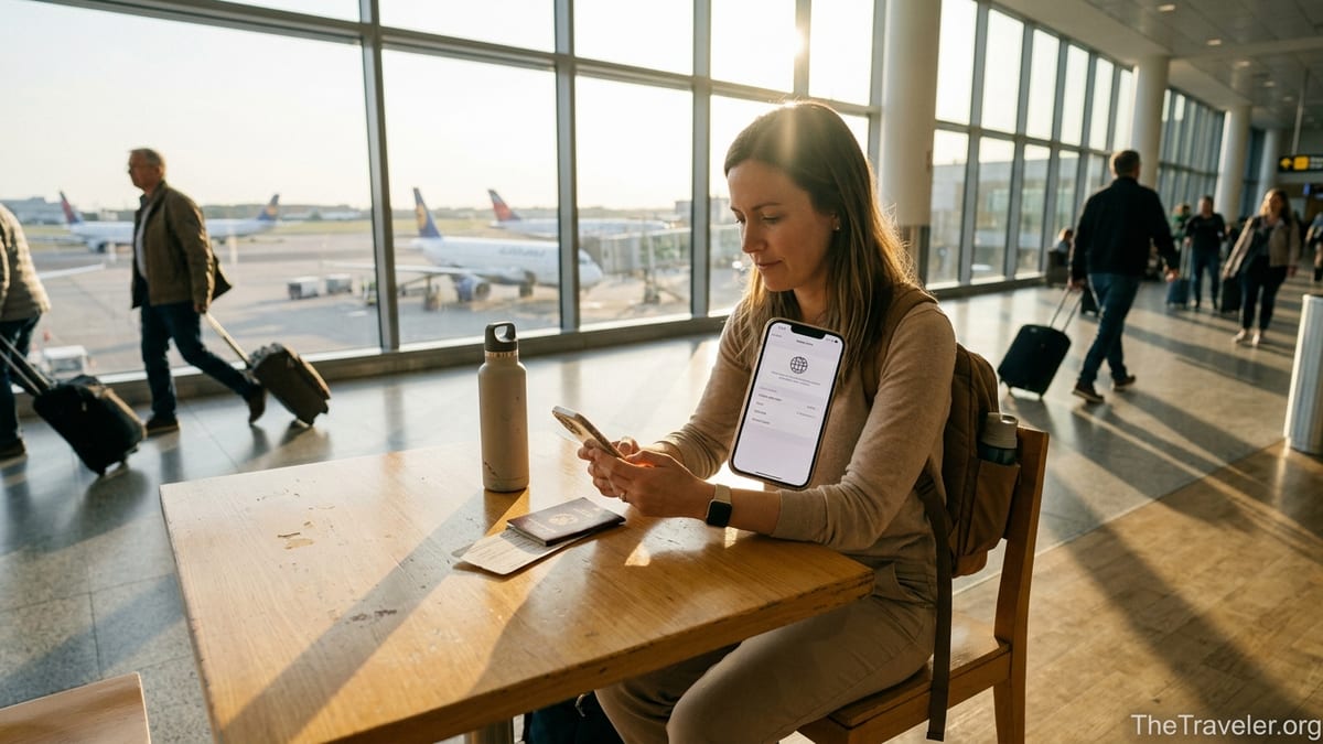 Traveler in an airport lounge checking eSIM settings on a smartphone before flying.