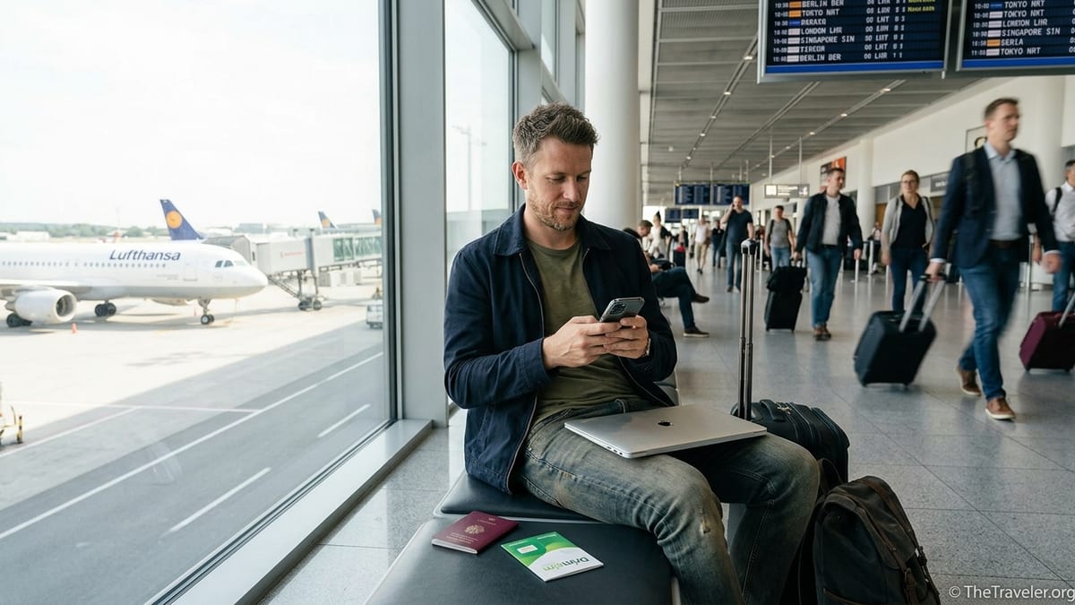 Traveler in a modern airport checking mobile data options on their phone.
