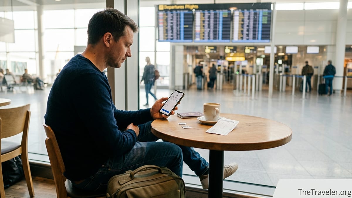 Traveler in an airport café checking mobile roaming costs on a smartphone.