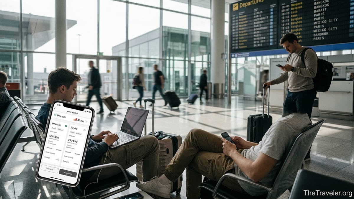 Traveler in airport comparing Drimsim and Airalo eSIM plans on a smartphone screen.