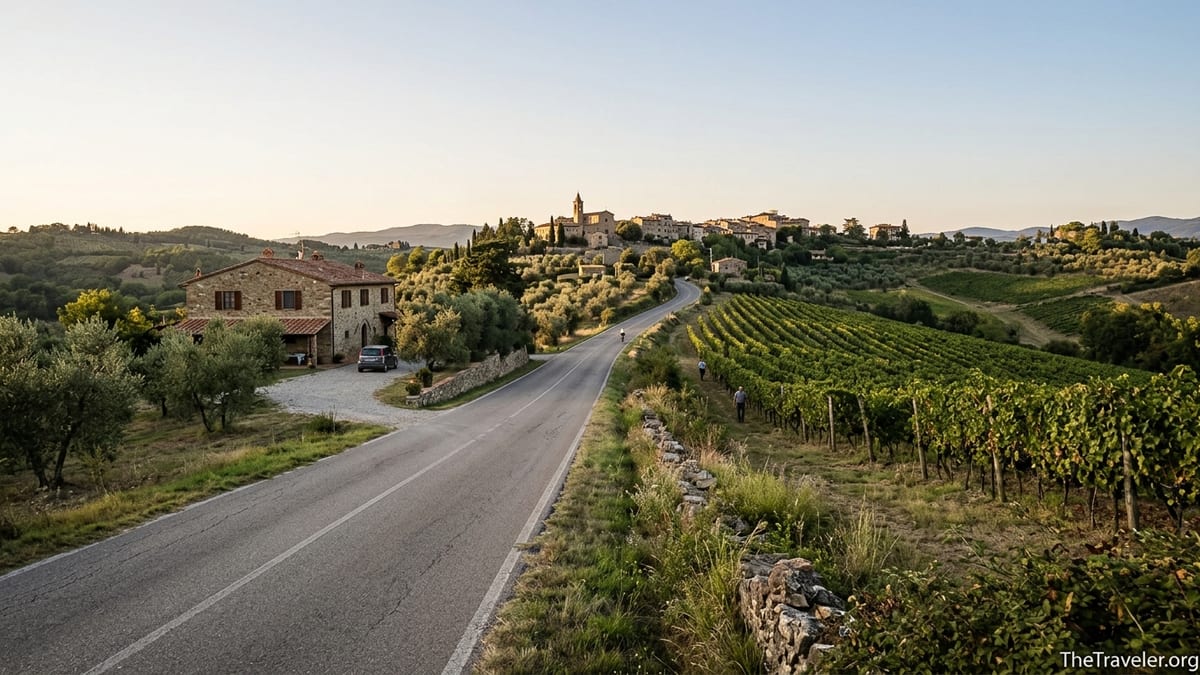 Curving Chianti country road beside vineyards and a hilltop village at golden hour