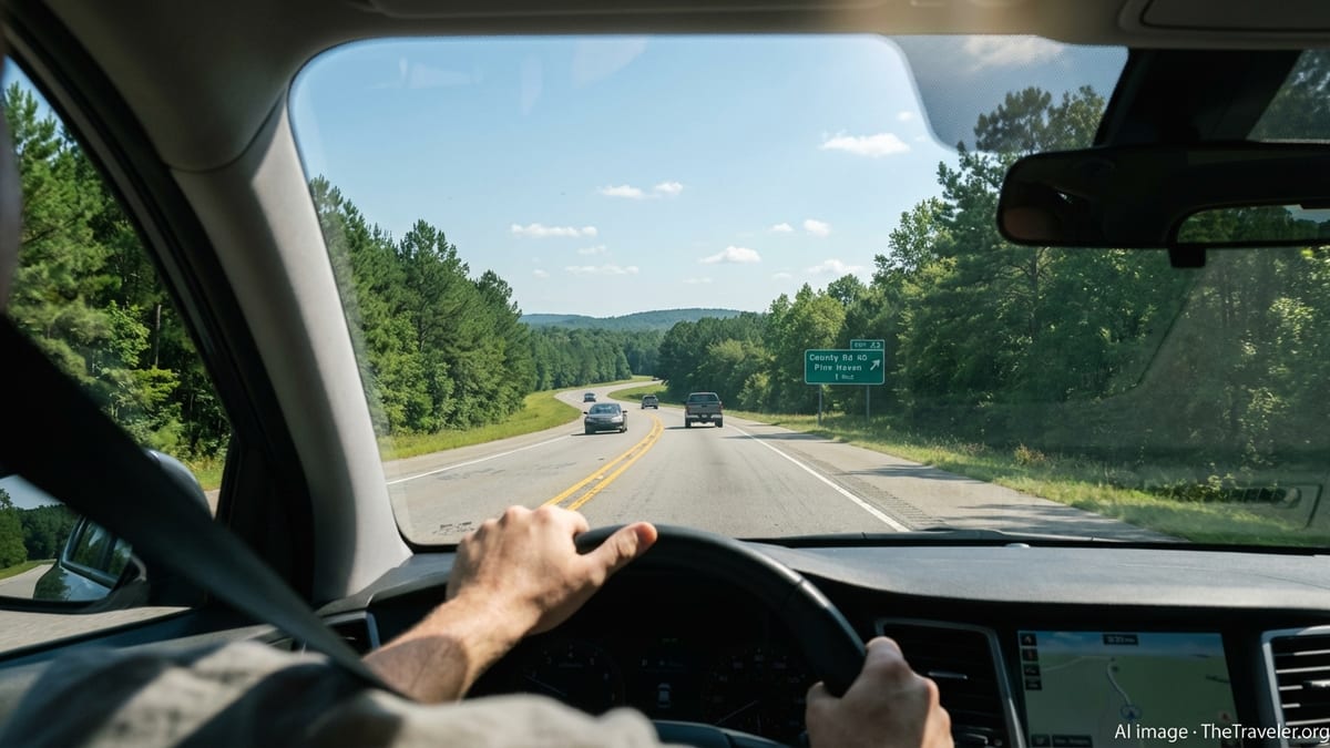 View from inside a car driving along a tree-lined Alabama highway on a clear day.