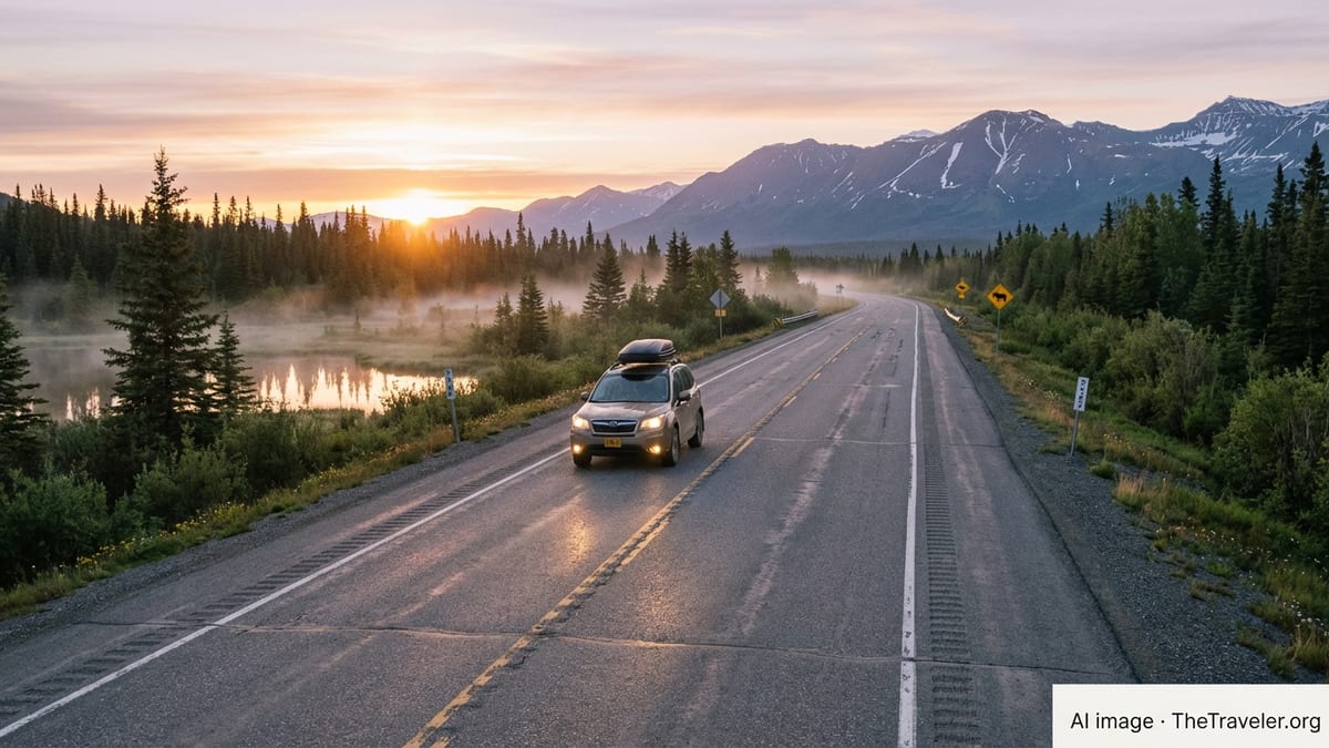 SUV driving along a remote Alaska highway at dusk with mountains and spruce forest.