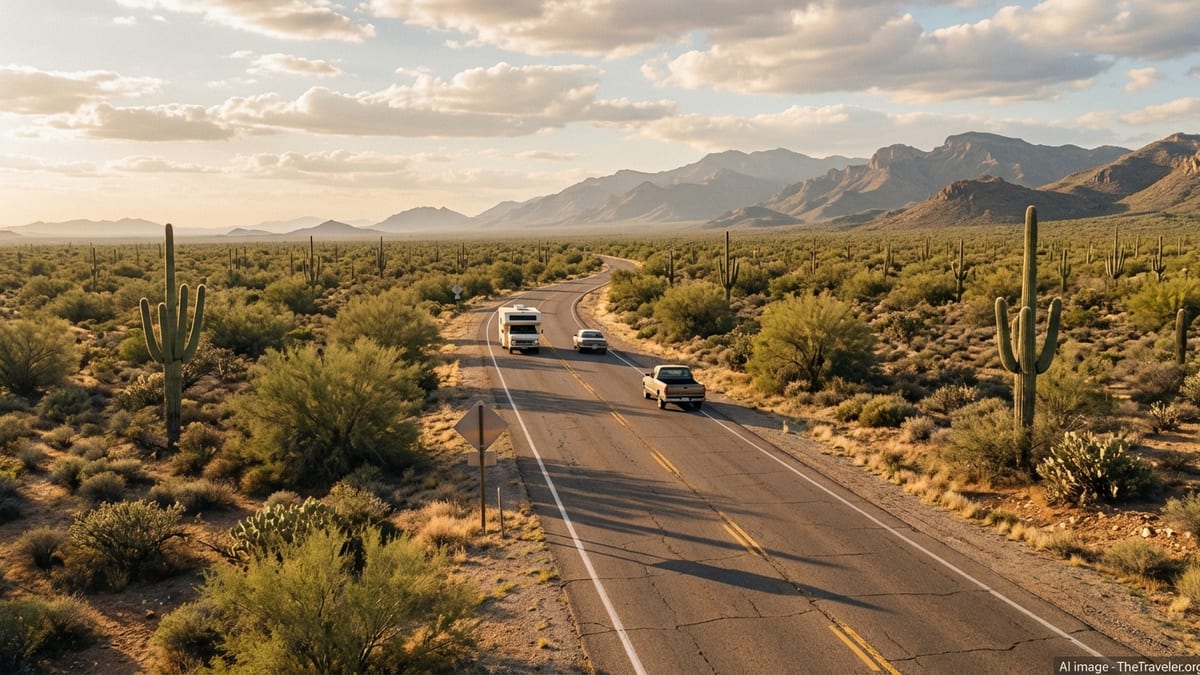 A highway in the Arizona desert leading toward distant mountains on a clear afternoon.