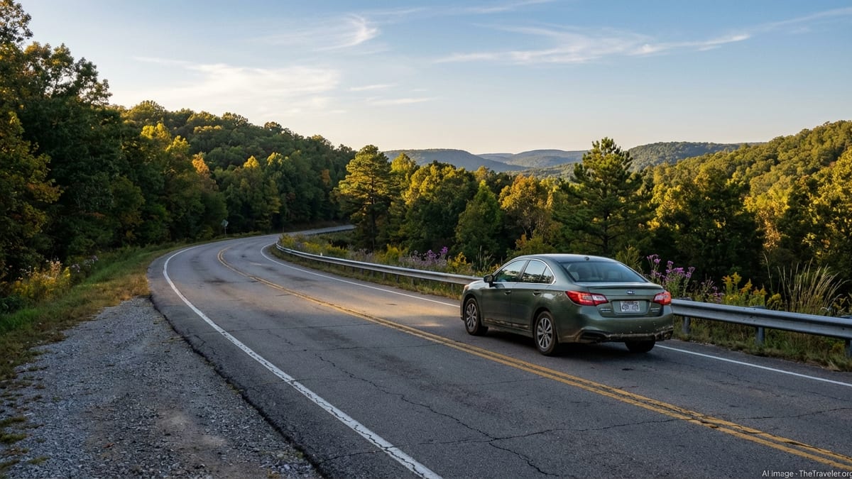Two lane highway curving through forested Arkansas hills under a clear afternoon sky.