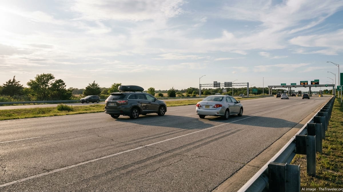 Light traffic approaching a toll plaza on Delaware State Route 1 on a clear summer afternoon.