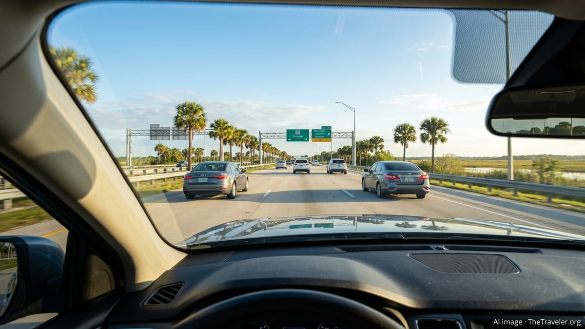 View through a car windshield driving on a Florida toll highway lined with palm trees.