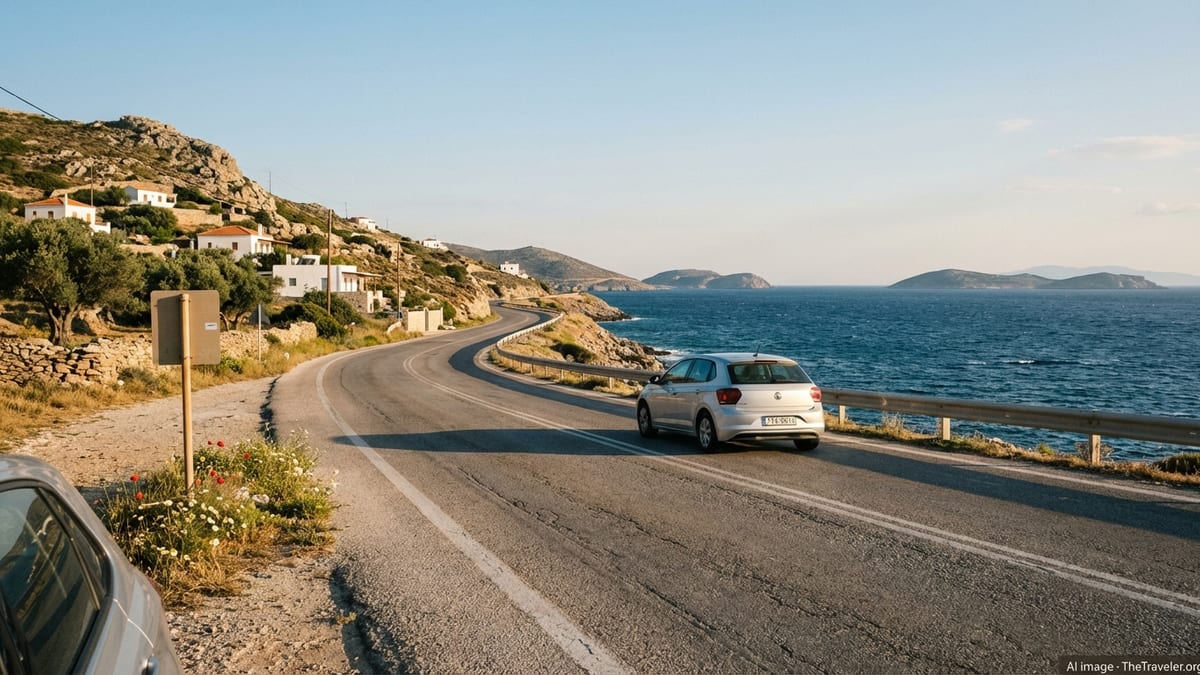 Car driving along a coastal highway in Greece with sea and rocky hills in view