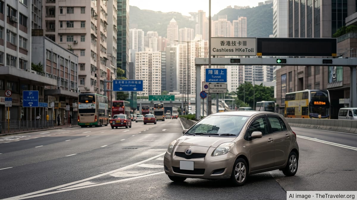 Right-hand-drive car on a Hong Kong city street approaching a tunnel with traffic signs and tall buildings.