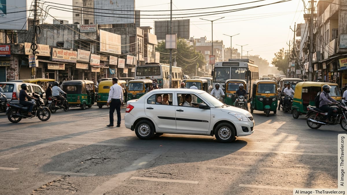 Busy Indian city intersection with cars, auto-rickshaws and a hired driver at golden hour