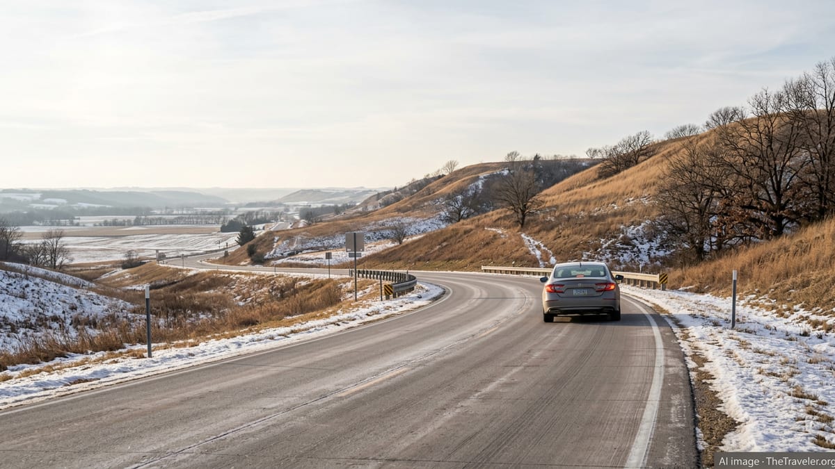 Car driving a wet winter curve along Iowa’s Loess Hills Scenic Byway with light snow on surrounding hills.