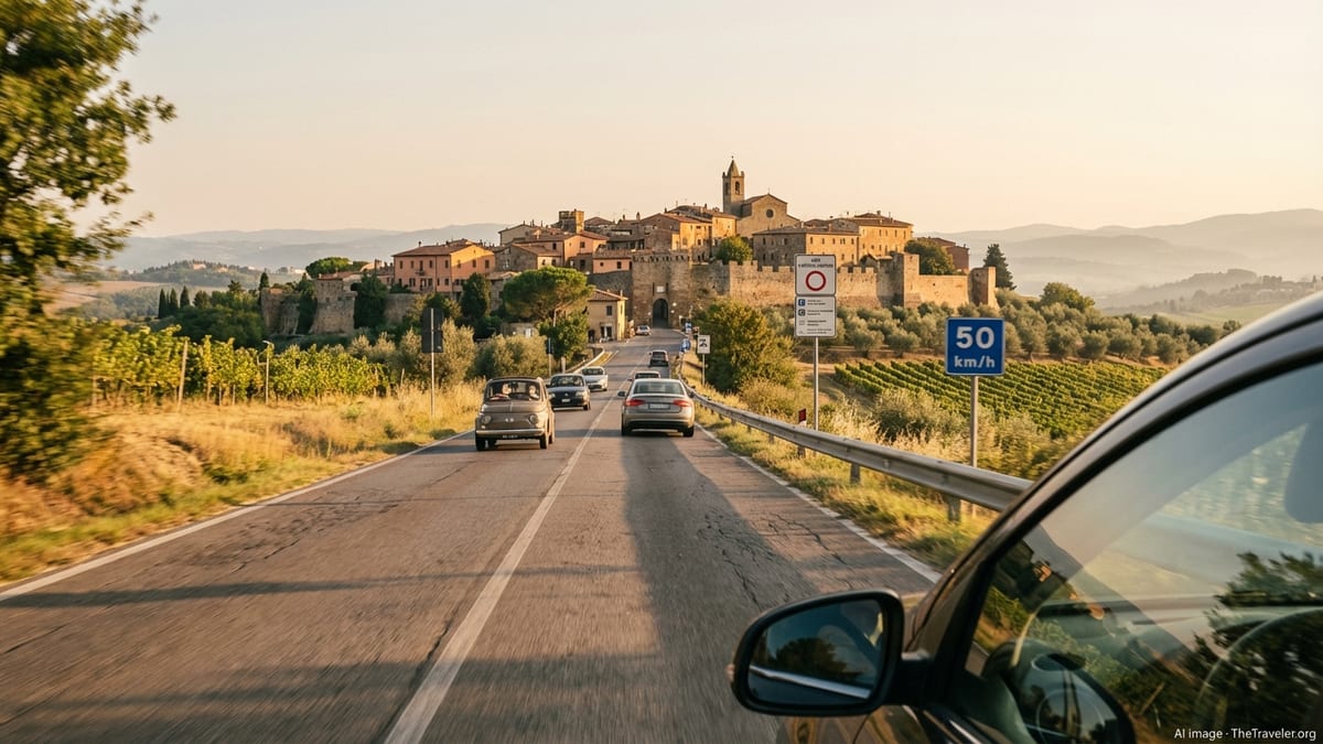 View from a car driving toward an Italian hill town with a ZTL sign and countryside road.