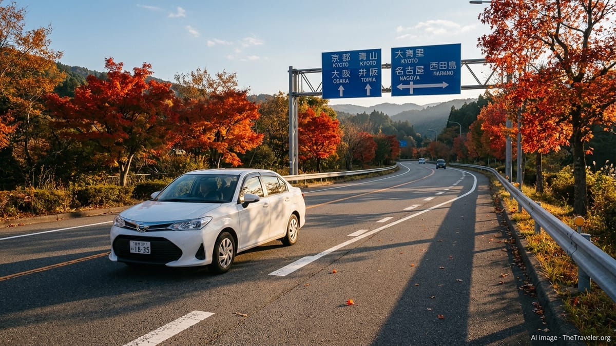 Car driving on the left along a Japanese rural road lined with autumn foliage.