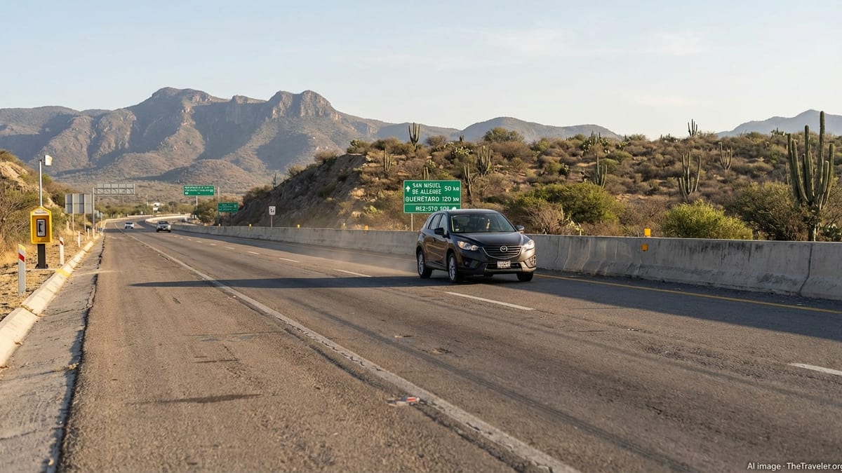 Car driving on a Mexican toll highway with mountains and road signs in late afternoon light.