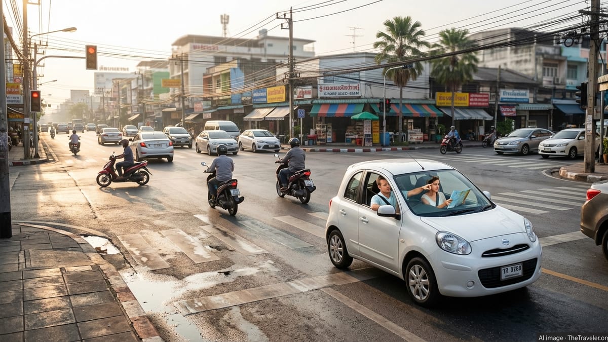Bangkok intersection with cars and motorbikes at a traffic light on a sunny morning