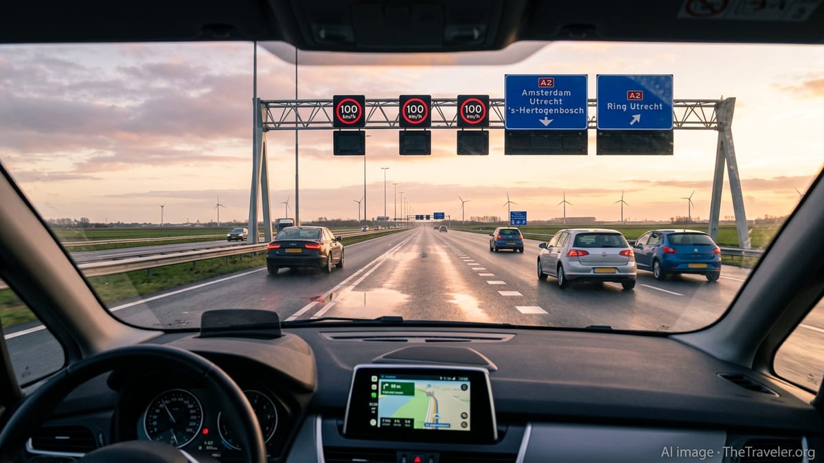 View from a car driving on a Dutch motorway with 100 kmh signs, fields and wind turbines at sunset.