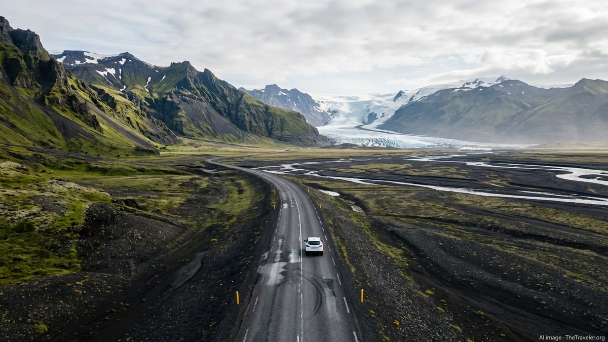Car driving on Iceland’s Ring Road near Vatnajökull across black sand plains and distant glaciers.