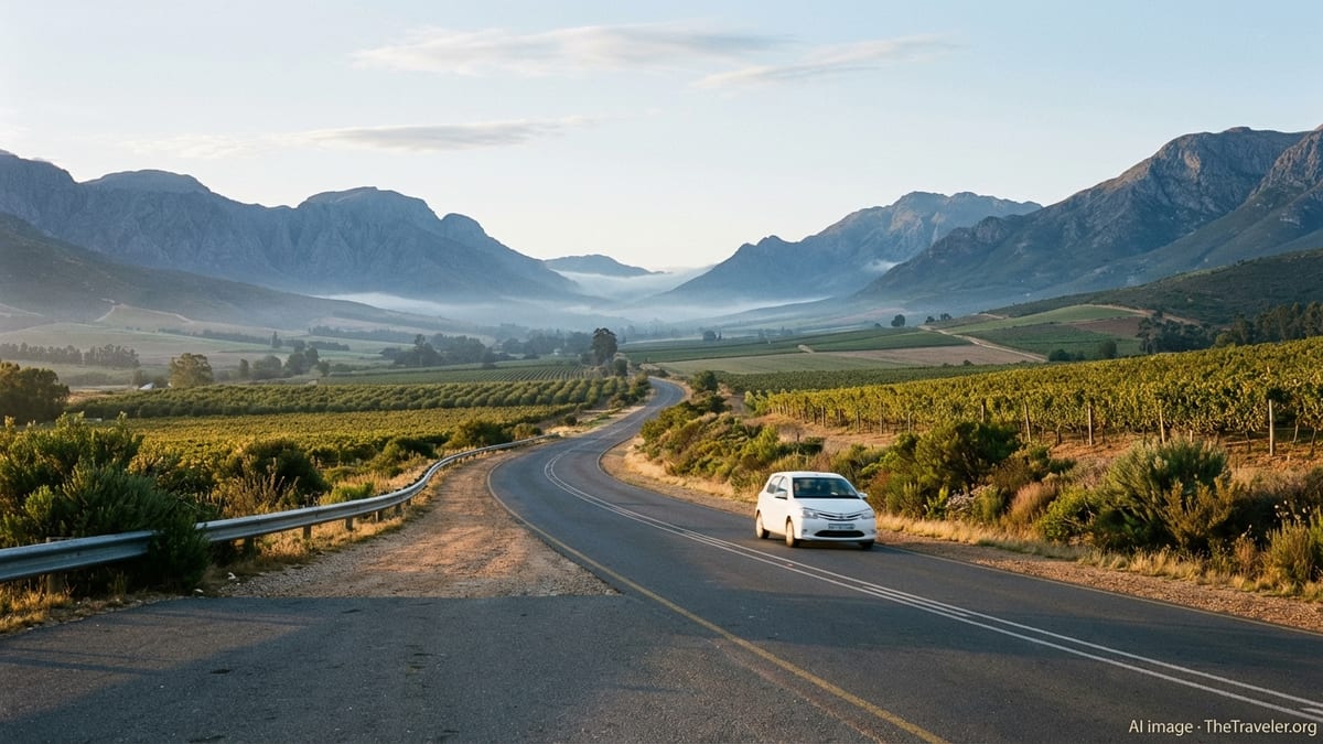 Scenic mountain road near Wolseley winding through vineyards and farmlands under soft morning light.