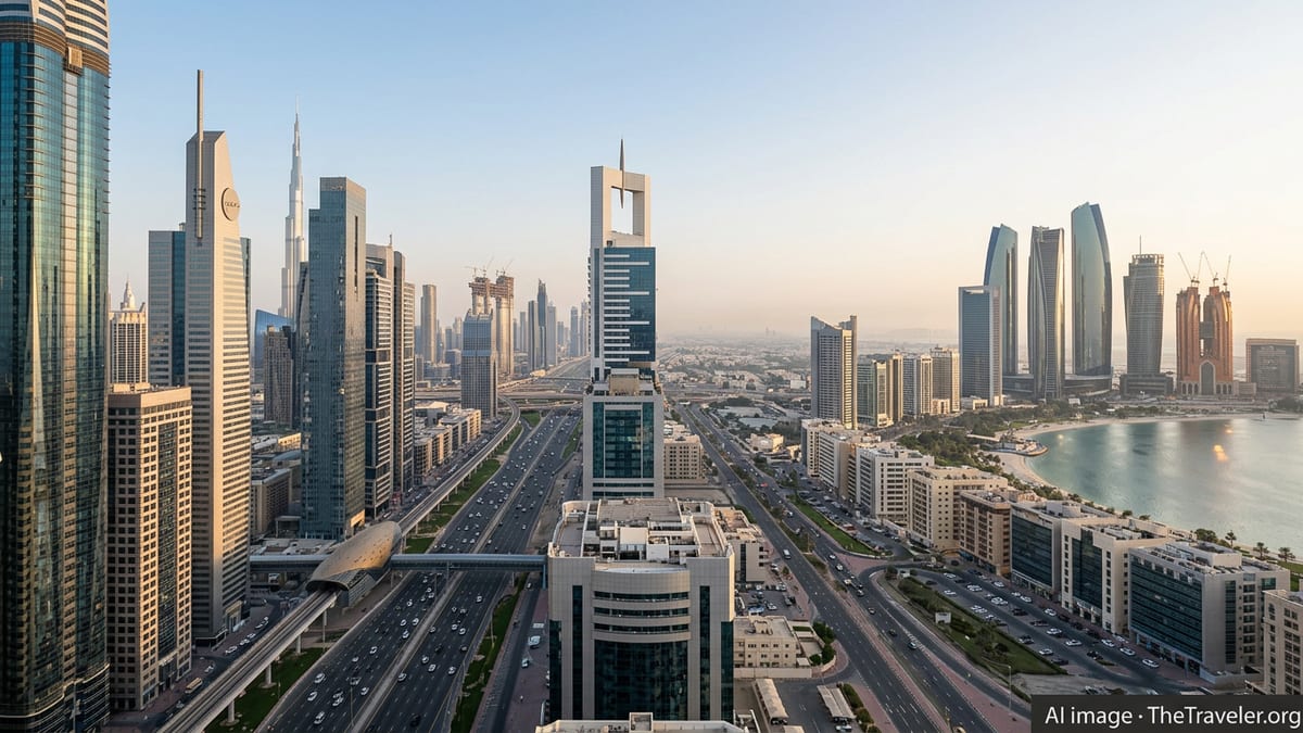 Aerial view comparing dense Dubai skyline with Abu Dhabi waterfront towers at golden hour.