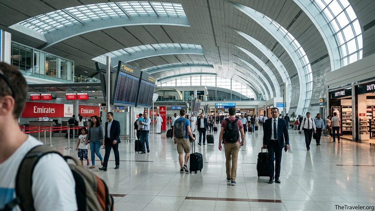 Travelers walking through Dubai International Airport Terminal 3 departures hall before their flights.