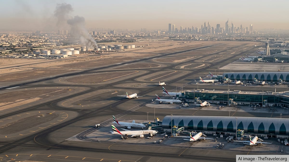 Smoke rising near Dubai International Airport as limited flights resume at dusk.