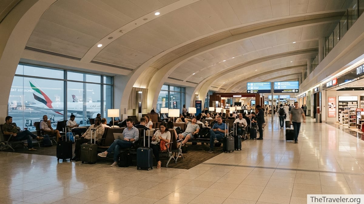 Travelers relaxing in Dubai International Airport Terminal 3 concourse during a long layover.