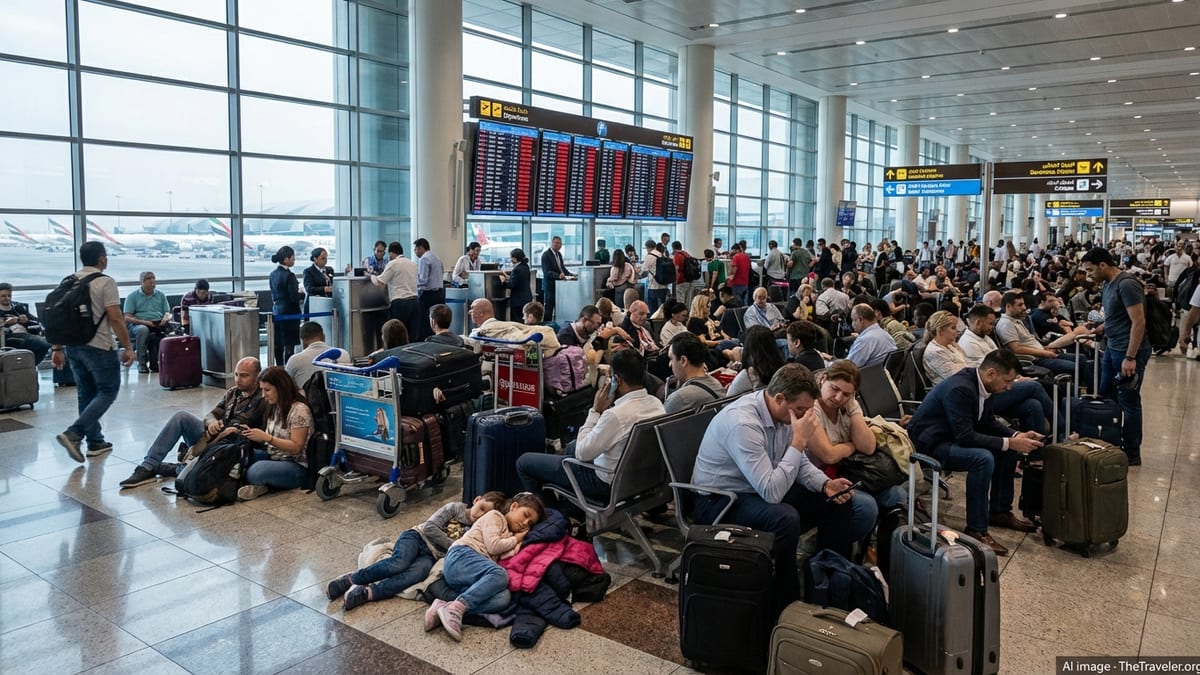 Stranded passengers crowd Dubai International Airport as flights are cancelled after strikes on Iran.